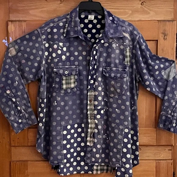 Magnolia Pearl Navy/White Polka Dot Western Cut Shirt - Picture 1 of 9